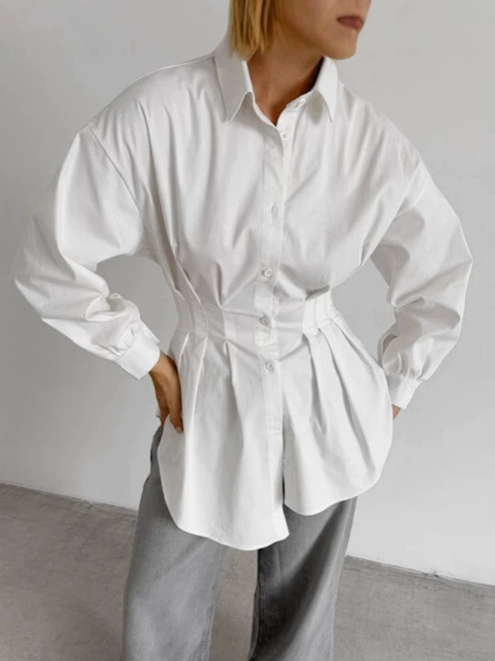 Forever 21 Slim Fit Pleated Waist Long White Shirt Spring Layering - Picture 3 of 6